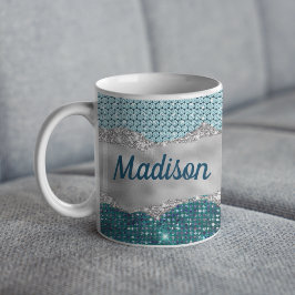 Chic Romal teal mynta grönt glitter silver monogra Kaffemugg