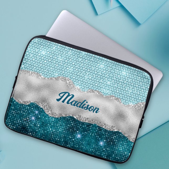 Chic Romal teal mynta grönt glitter silver monogra Laptop Fodral (Skapare uppladdad)
