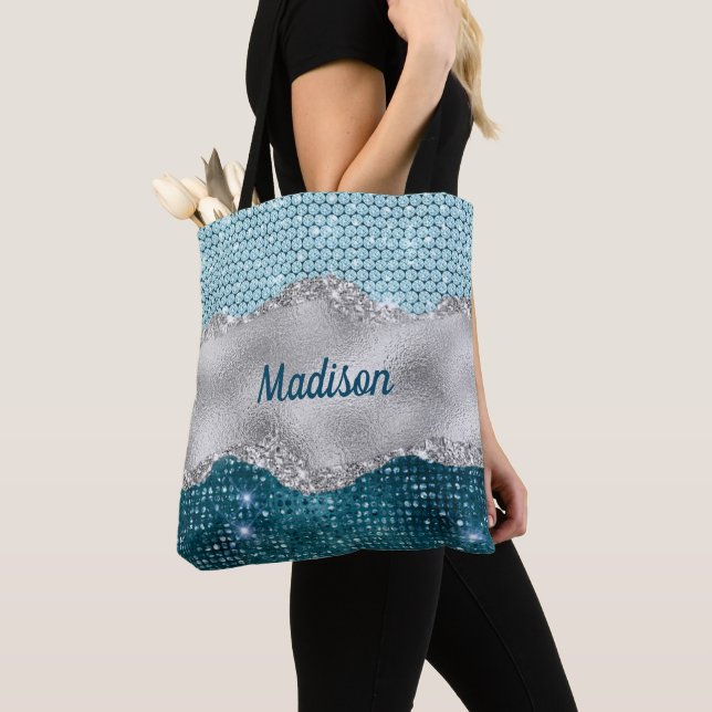 Chic Romal teal mynta grönt glitter silver monogra Tygkasse (Närbild)