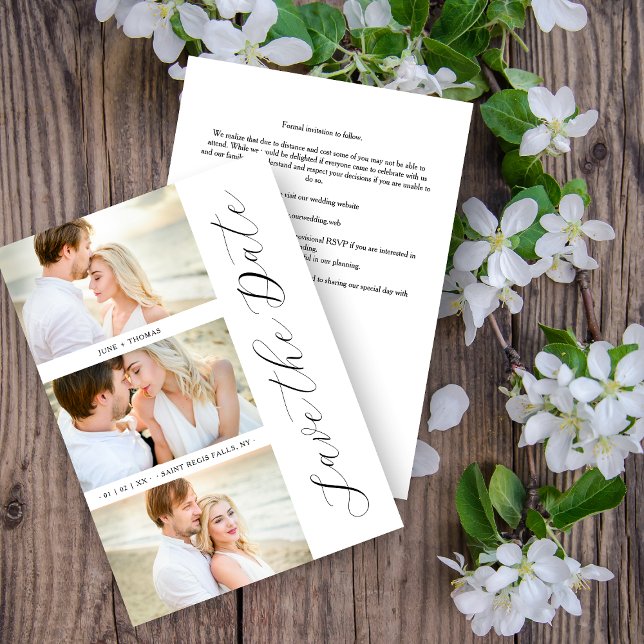 Chic Romantic 3 Photos Bröllop Trendig Calligraphy Spara Datumet (Skapare uppladdad)