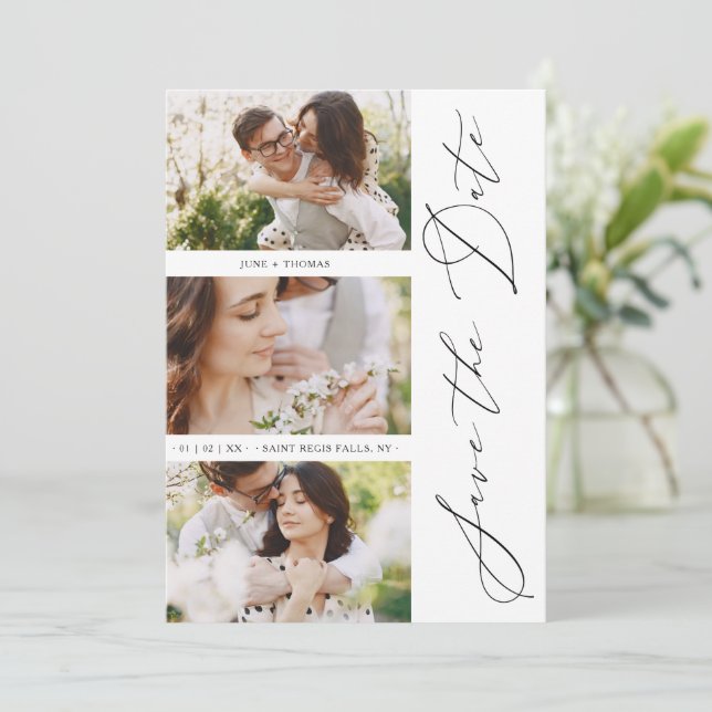 Chic Romantic 3 Photos Wedding Trendy Engagement Spara Datumet (Stående Fram)