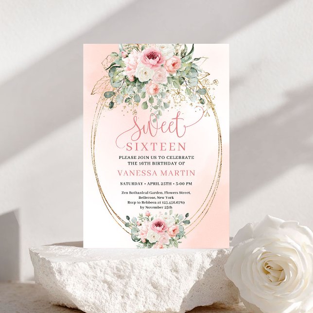 Chic Romantic Blush and Gold Sweet Sixteen Floral Inbjudningar (Romantic Blush and Gold Sweet Sixteen Floral Invite)