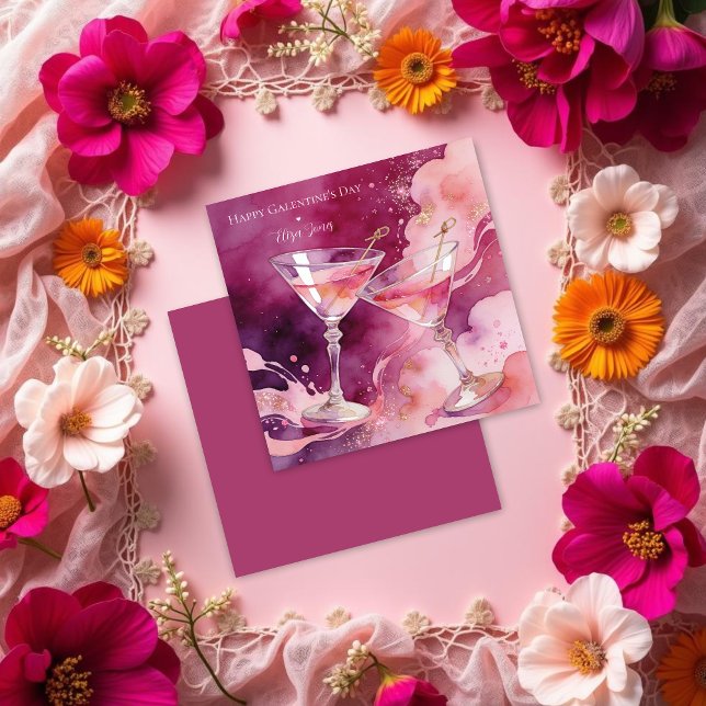 Chic Romantic Pink Martini Galentines Day Kort (Glam Romantic Pink Martini Glasses Happy Galentine’s Day Cards.)