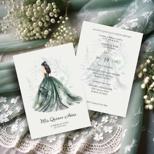 Chic Romantic Spanish Quinceañera Green Shades Inbjudningar (Chic Romantic Spanish Quinceañera Green Shades Invitation Card.)