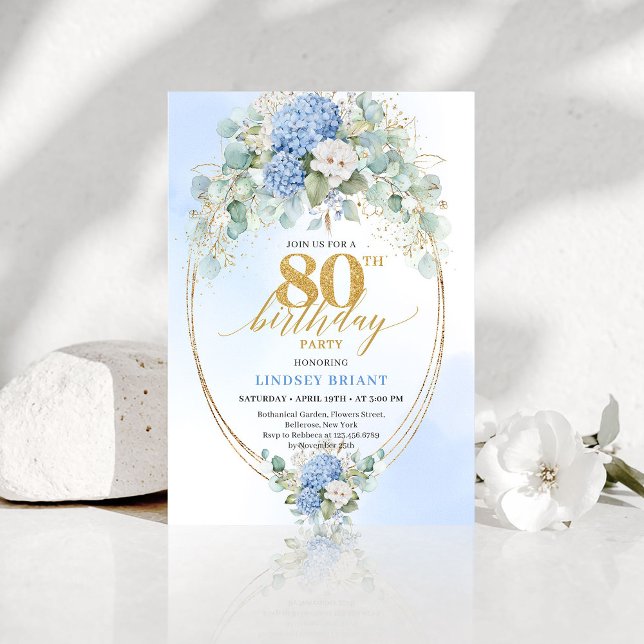 Chic Romantisk Blå Hortensia Trädgård 80-årsdag Inbjudningar (Chic Romantic Blue Hydrangea Garden 80th Birthday Invitation)