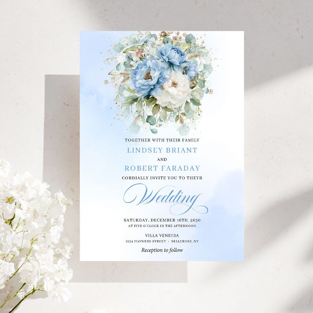 Chic Romantisk Dammtor Blue Pion Guld Blommig Bröl Inbjudningar (Chic Romantic Dusty Blue Peony Gold Floral Wedding Invitation)
