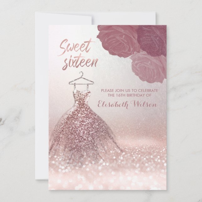 Chic romantisk glitterklänning Ro guld rosor Inbjudningar (Framsida)