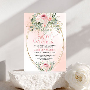 Chic Romantisk Rosa och Guld Sweet Sixteen Blommor Inbjudningar