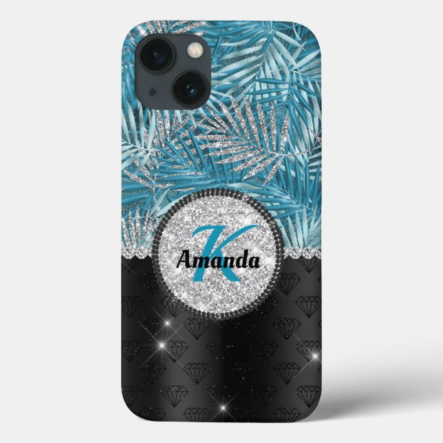 Chic Romerturkos aqua glitter löv monogram (Baksida)