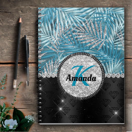 Chic Romerturkos aqua glitter löv monogram Anteckningsbok