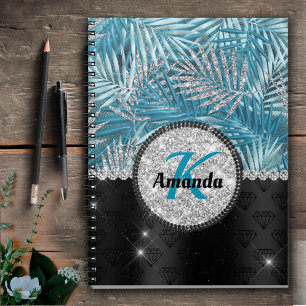 Chic Romerturkos aqua glitter löv monogram Anteckningsbok