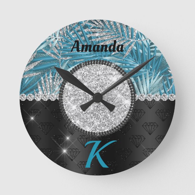 Chic Romerturkos aqua glitter löv monogram Rund Klocka (Framsida)