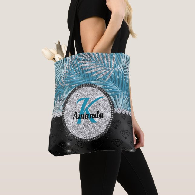 Chic Romerturkos aqua glitter löv monogram Tygkasse (Närbild)
