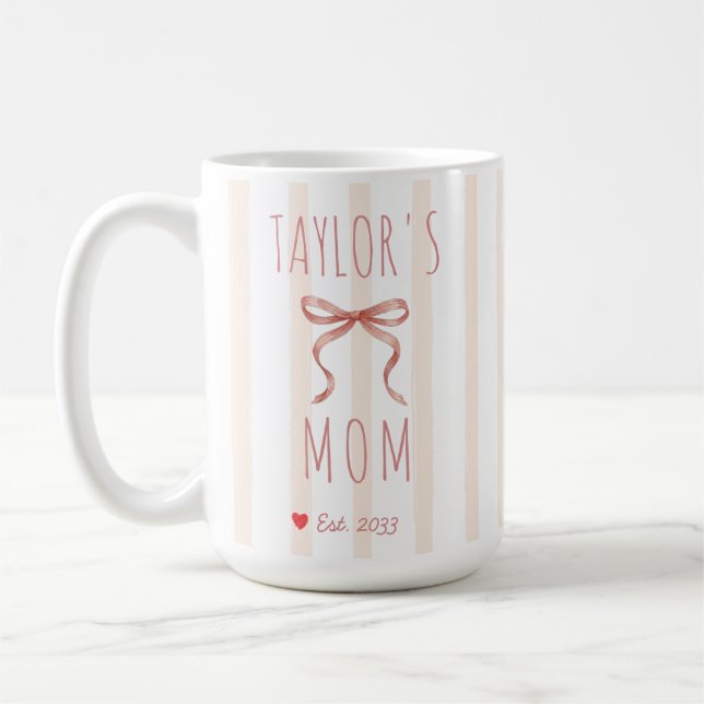 Chic Rosa Akvarell Ränder Båge Anpassat Namn Mamma Kaffemugg (Vänster)