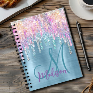 Chic rosa aqua unicorn dropping glitter monogram anteckningsbok