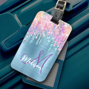 Chic rosa aqua unicorn dropping glitter monogram bagagebricka
