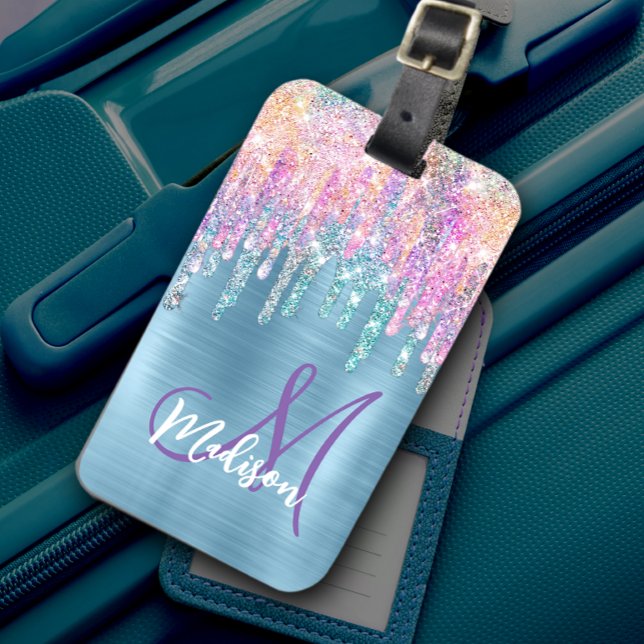 Chic rosa aqua unicorn dropping glitter monogram bagagebricka (Skapare uppladdad)