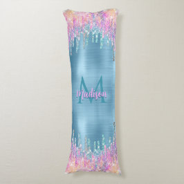 Chic rosa aqua unicorn dropping glitter monogram kroppskudde