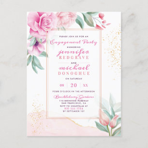 Chic Rosa Aquarelle Ro Blommigt Förlovningsfest Inbjudan Vykort
