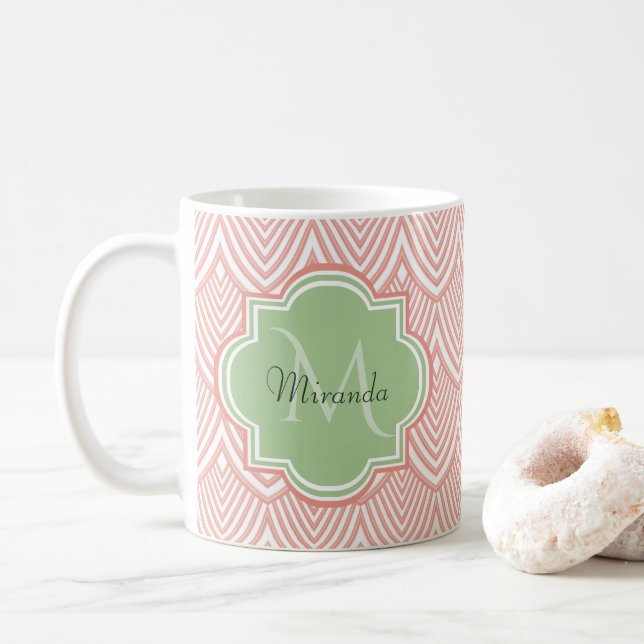 Chic Rosa Arched Scallops Soft Grönt Monogram Namn Kaffemugg (Med munk)
