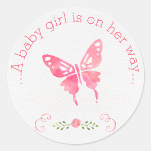 Chic rosa baby shower för vattenfärgfjärilsflic runt klistermärke