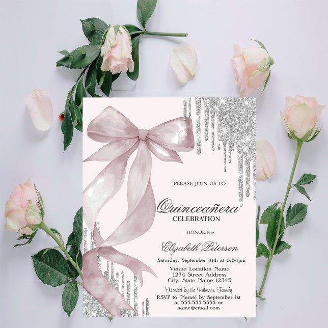 Chic rosa båge silver glitter droppar Quinceañera Inbjudningar (Skapare uppladdad)