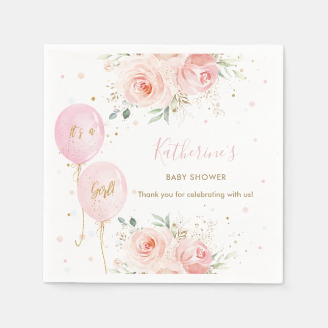 Chic Rosa Balloons Blommigt Girl Baby Shower Pappersservett (Framsidan)