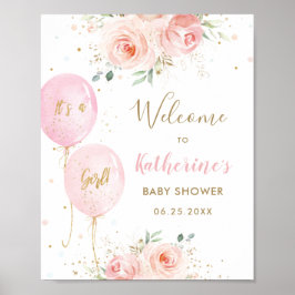 Chic Rosa Balloons Blommigt Girl Baby Shower Välko Poster