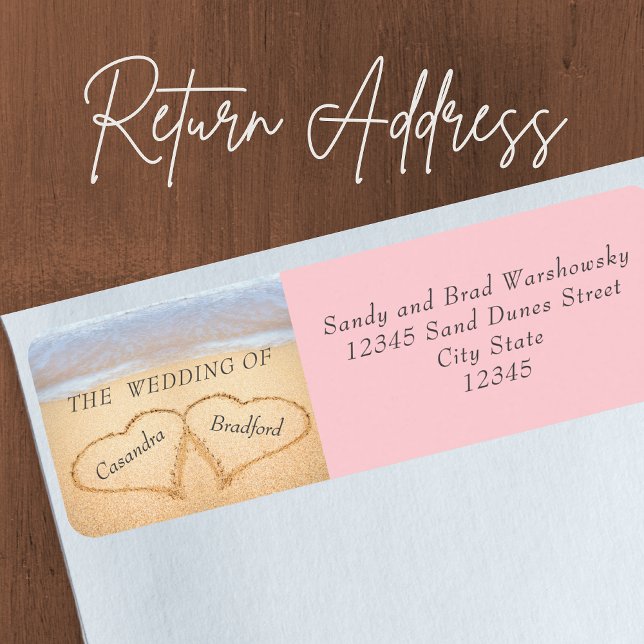 Chic  Rosa Beach Wed2 Hjärtat Sand Returadress Etikett (Skapare uppladdad)