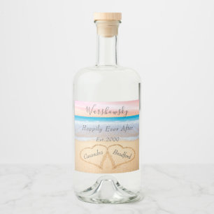 Chic  Rosa Beach Wedding 2 Heart Sand Liquor Spritflaskor Etikett