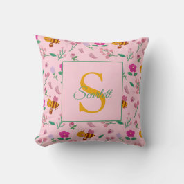 Chic Rosa Bina och Blommig Design Namn & Monogram Kudde