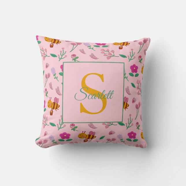 Chic Rosa Bina och Blommig Design Namn & Monogram Kudde (Framsida)