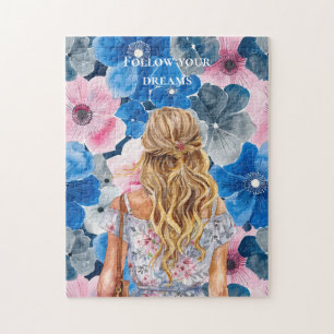Chic Rosa Blå Sommar Blommig Blond Tjej Pussel