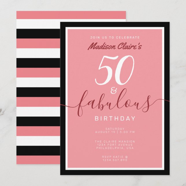Chic Rosa Black and White 50 och Fabulous Birthday Inbjudningar (Fram/baksida)