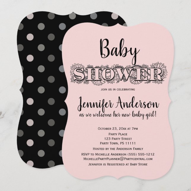 Chic Rosa Black Blommigt Polka Dot Baby Shower Inbjudningar (Fram/baksida)