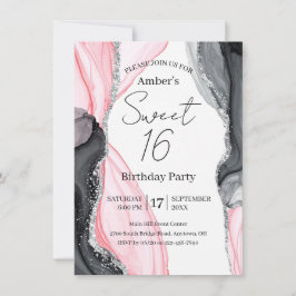 Chic Rosa & Black Marble Sweet 16-inbjudan Inbjudningar