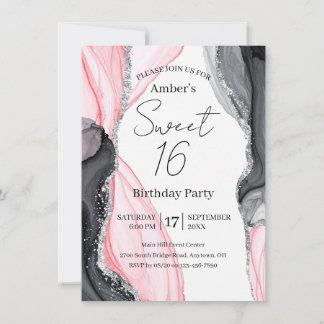 Chic Rosa & Black Marble Sweet 16-inbjudan Inbjudningar