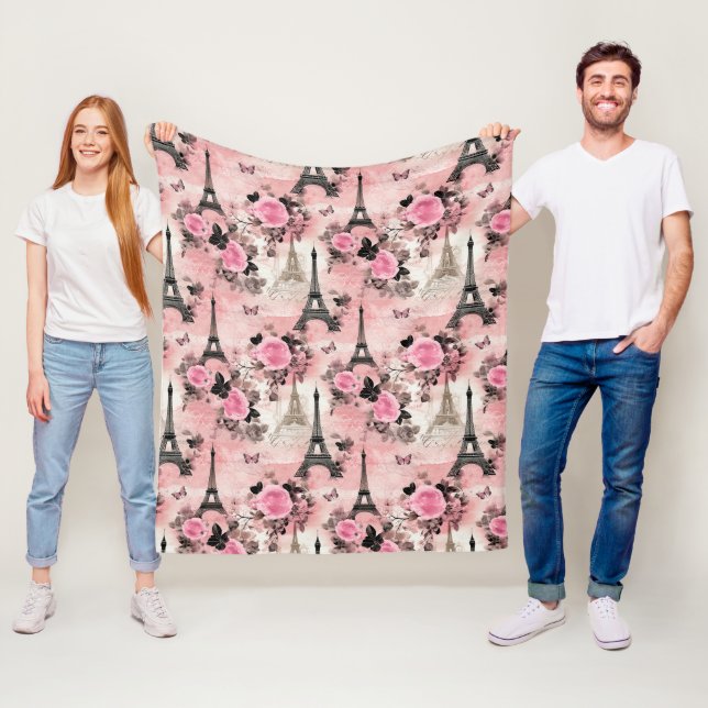 Chic Rosa Black & White Eiffel Torn Paris Fransk Fleecefilt (På plats)