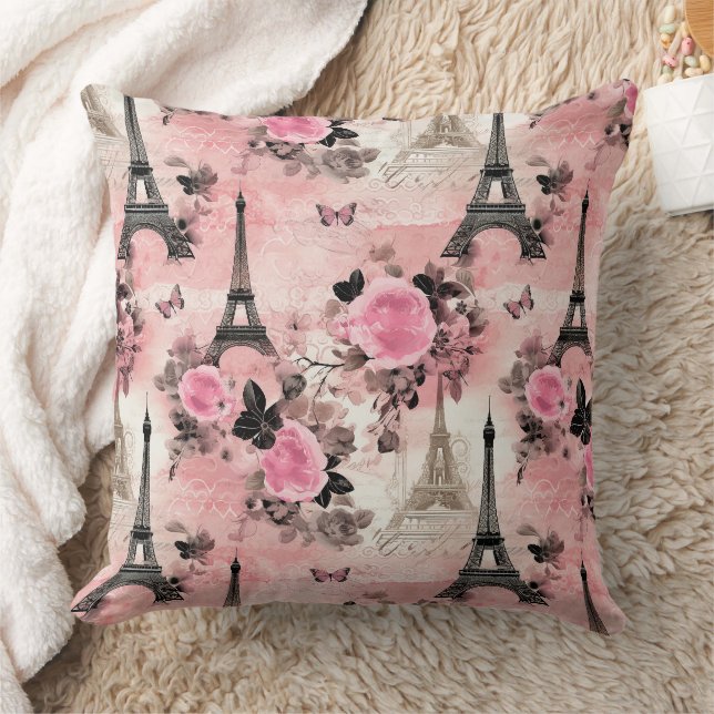 Chic Rosa Black & White Eiffel Torn Paris Fransk Kudde (Filt)