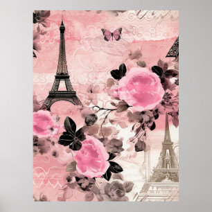 Chic Rosa Black & White Eiffel Torn Paris Fransk Poster
