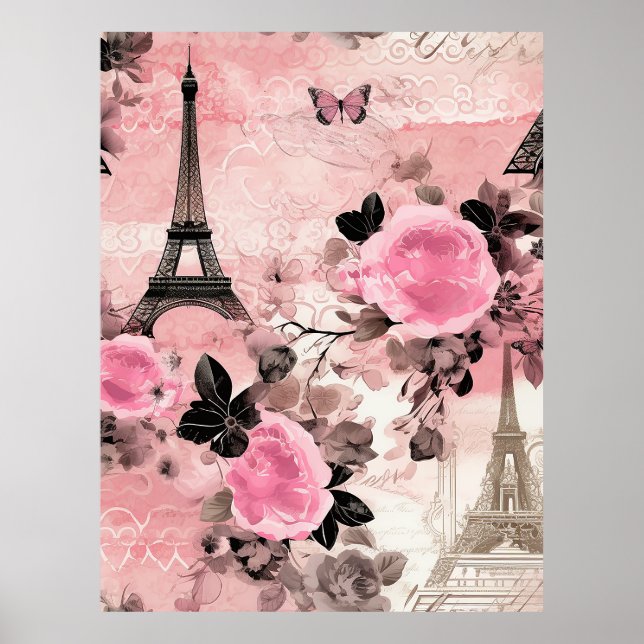 Chic Rosa Black & White Eiffel Torn Paris Fransk Poster (Framsidan)