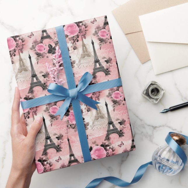 Chic Rosa Black & White Eiffel Torn Paris Fransk Presentpapper (Gifting)