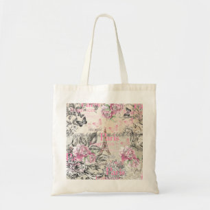 Chic rosa blom- Paris Eiffel torntypografi Tygkasse