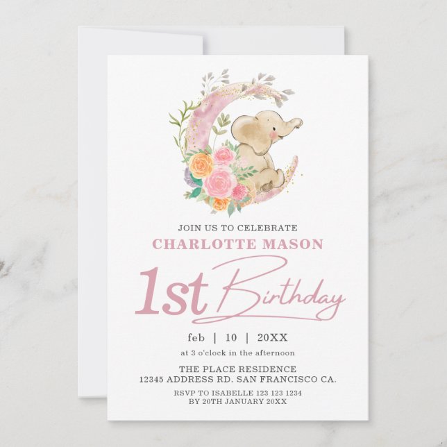 Chic rosa blommande månflicka elefant 1-årsdag inbjudningar (Framsida)