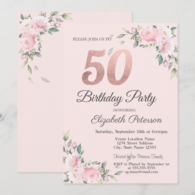 Chic Rosa Blommig 50-års Födelsedagsfest Inbjudningar (Fram/baksida)