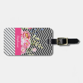 Chic Rosa Blommigt Black and White Chevrons och Na Bagagebricka