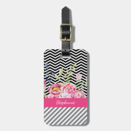 Chic Rosa Blommigt Black and White Chevrons och Na Bagagebricka