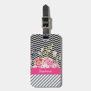 Chic Rosa Blommigt Black and White Chevrons och Na Bagagebricka