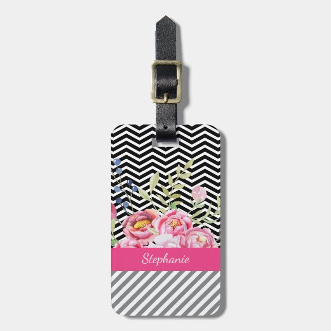 Chic Rosa Blommigt Black and White Chevrons och Na Bagagebricka (Vertikal Framsida)