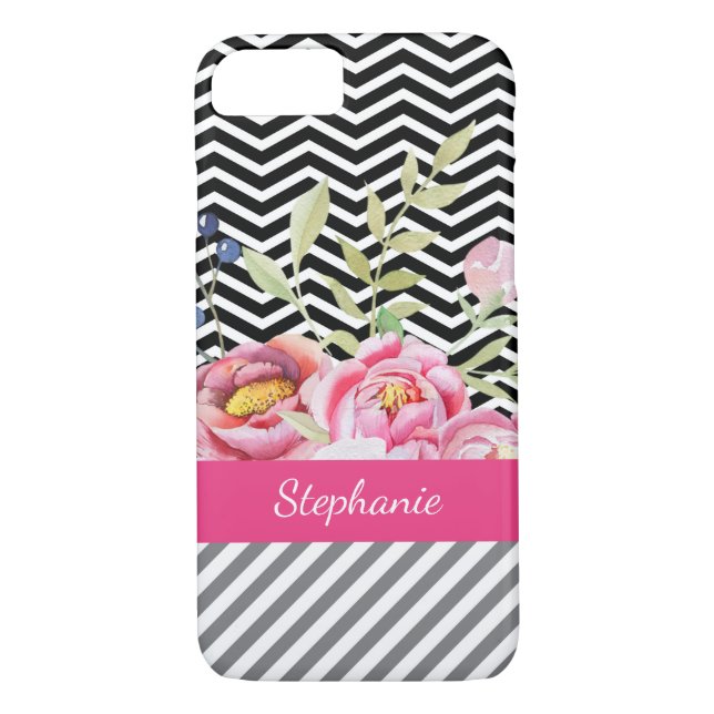 Chic Rosa Blommigt Black and White Chevrons och Na Case-Mate iPhone Skal (Baksida)